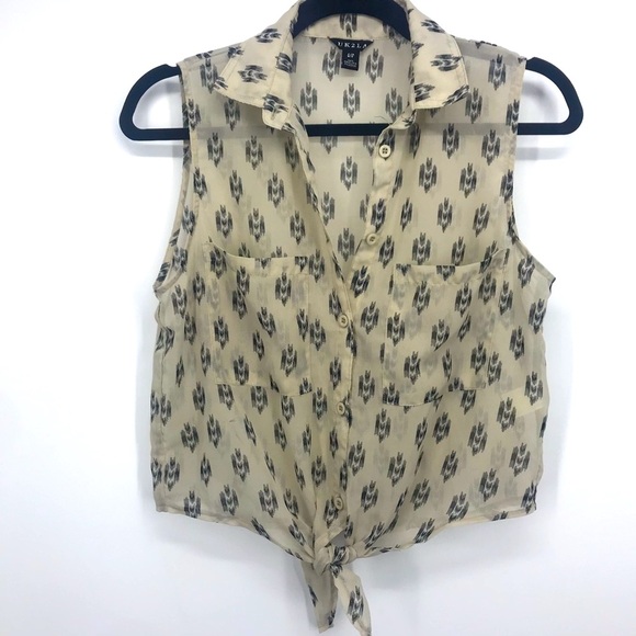 🖤 UK2LA sheer cropped top button down tribal print front tie size small - Picture 1 of 10